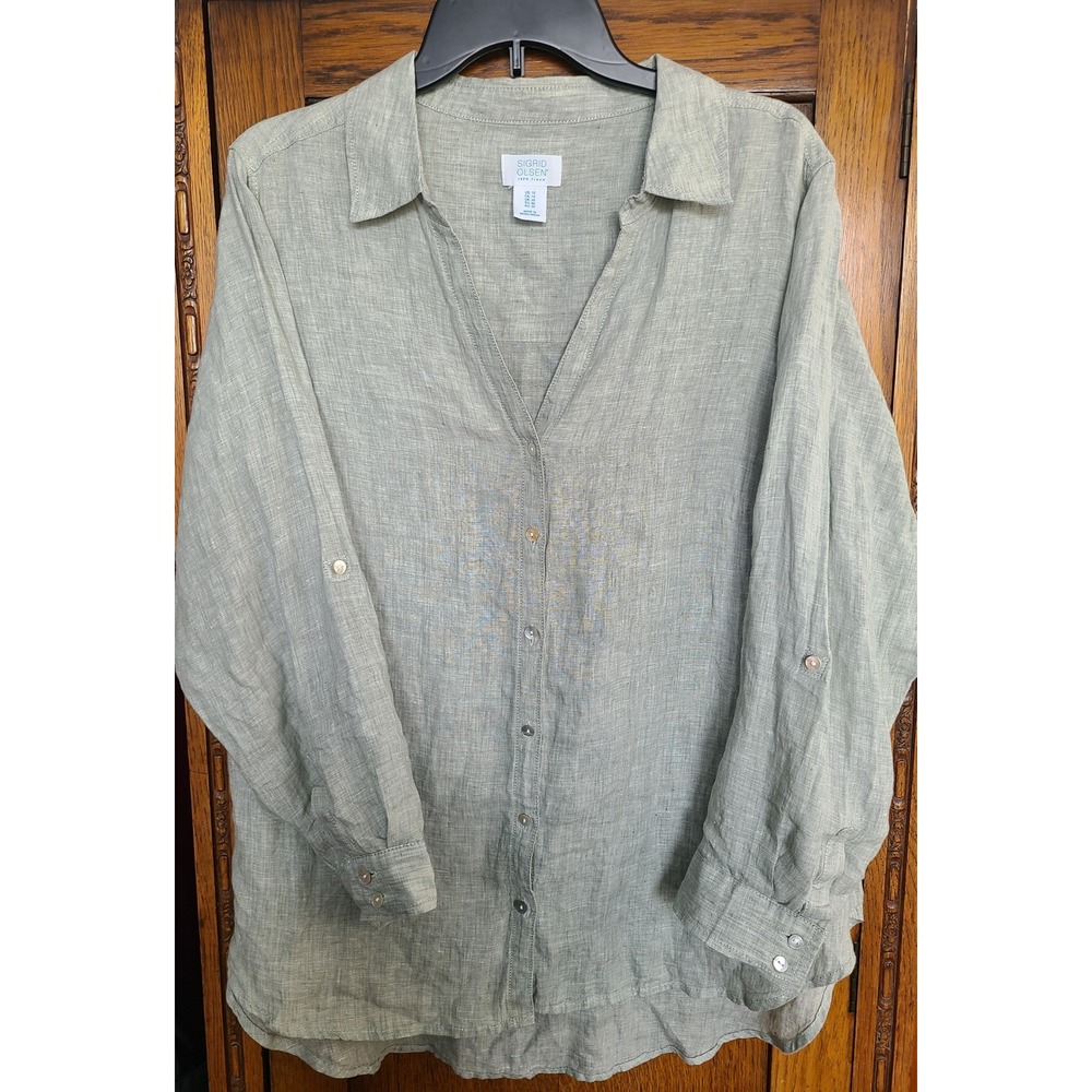 Sigrid Olsen Womens 1X Linen Button Down Shirt Sage Green Roll Tab Sleeve Top